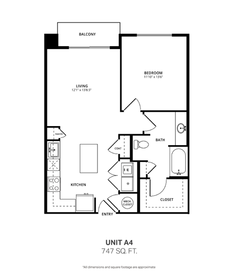 Floor plan for 1 bed, 1 bath, 747 sqft